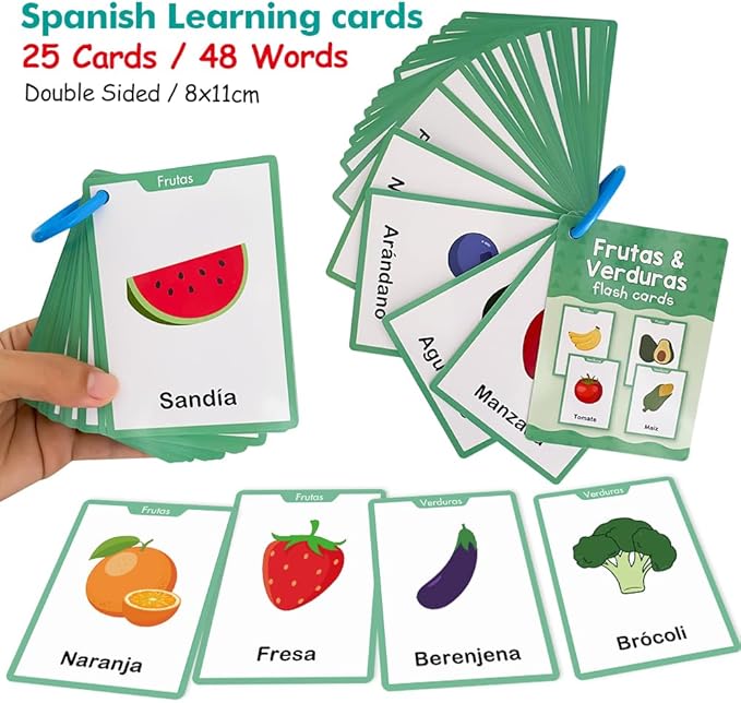 Frutas y Verduras Spanish Fruits and Vegetables Vocabulary Flash Cards, Language Learning Classroom Supplies, Words Cognitive Cards for Preschool Kindergarten Teaching Aids