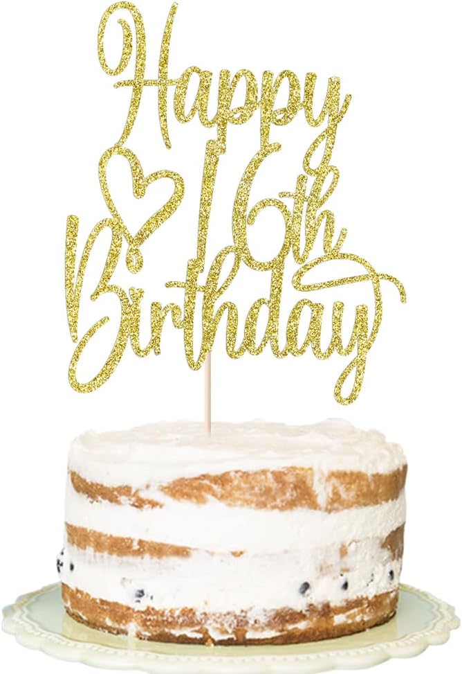 Gold Glitter Happy 16th Birthday Cake Topper - Cheers to 16 Years Cake Topper, 16 & Fabulous Cake Decoration for Hello 16th Birthday Anniversary Party Cake Decorations Supplies