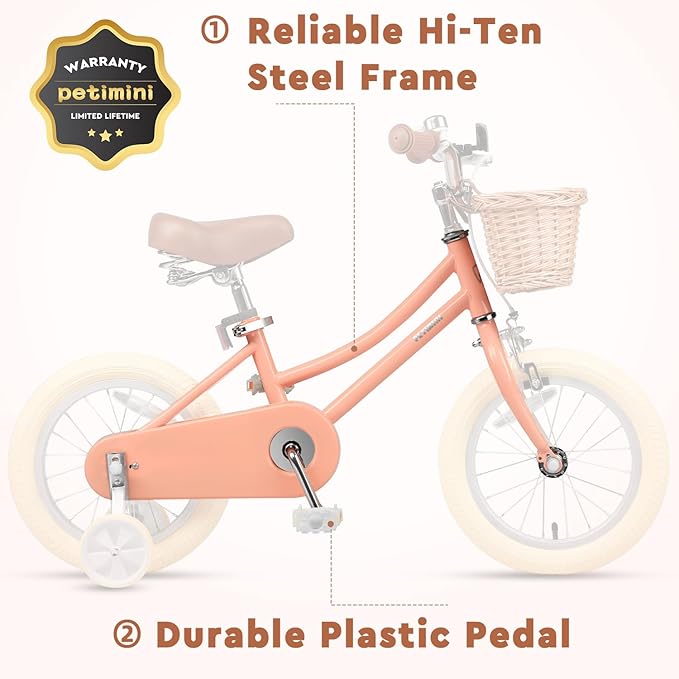 Petimini Vintage Kids Bike for Girls, 12–20 Inch Classic Bicycle with Wicker Basket & Bell, High Tensile Steel Frame, Training Wheels (12–18”), 85% Pre-Assembled, Retro Bike for Outdoor Riding