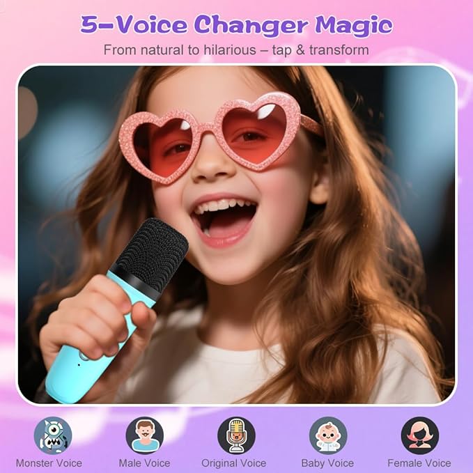 Mini Karaoke Machine for Kids Adults, TOP Toy Gift Bluetooth Karaoke Speaker with 2 Wireless Microphones, LED Party Lights, AUX/USB/TF- Christmas Birthday Gifts for Girls Boys Ages 3-12+, Blue