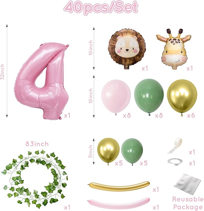 Jungle Safari Birthday Balloons, Pink Animal Balloons Birthday Party Supplies for Safari Birthday Wedding Shower Party Decorations (Number 4)