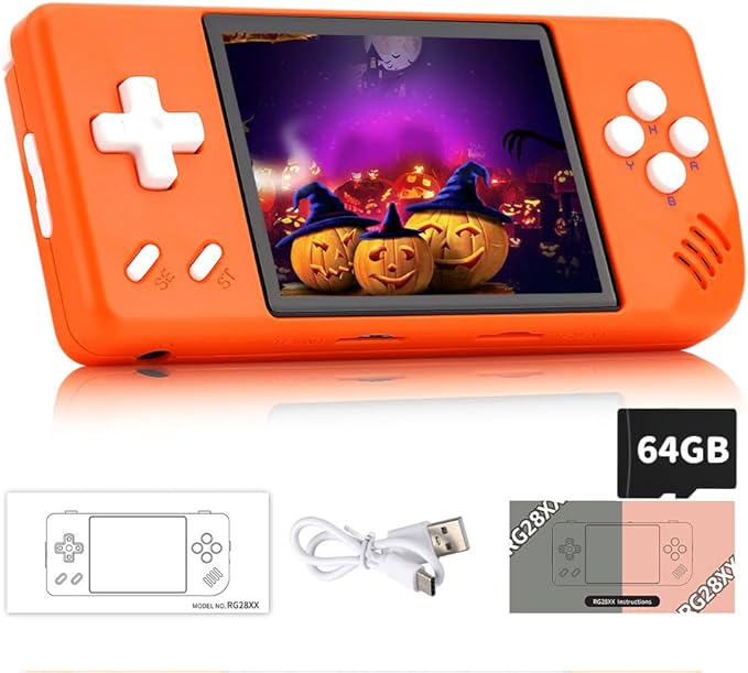 RG28XX Retro Game Console 2.83 Inch 640*480 IPS Screen Linux System Built-in 64GB TF Card,with 3100mAh Battery Linux System Games Consoles,Support HD and TV Output Casual Game Console(Orange)