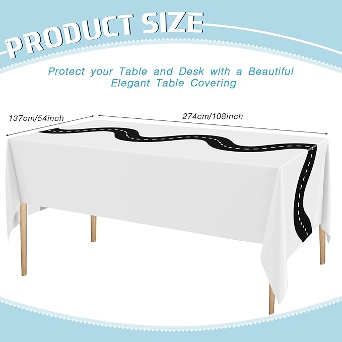 Irenare 3 Pcs Racing Table Cloths Car Birthday Party Supplies 54 x 108 Inch Racetrack Table Runner Covers Disposable Rectangular Road Tablecloth for Kids Boy Car Theme Birthday Party Decor (White)