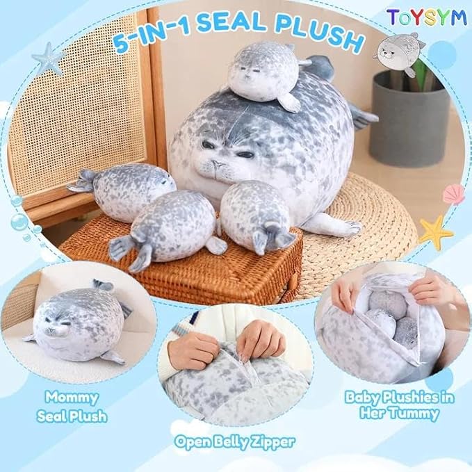 Chubby Blob Seal Pillow Cute Seal Plush with 4 Baby Plushies in Her Tummy, Soft Cotton Stuffed Animals Toy Gifts for Kids