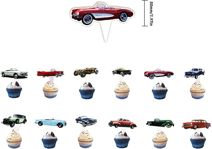 Classic Cars 24 pcs Cupcake Toppers, 1950's Convertible Vintage Car Theme Party Supplies Favors,Cake Picks For Birthday Anniversary Wedding Engagement Party Decorations
