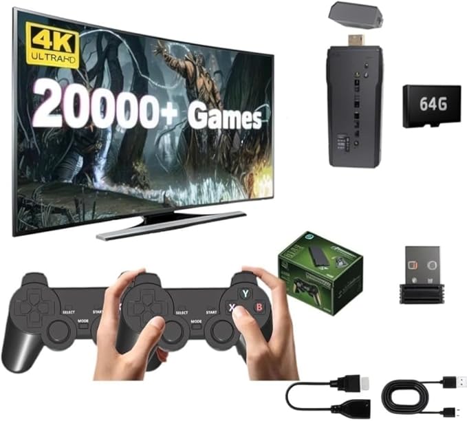 Wireless Retro Game Console Stick Built-in 20000+ Classic Games, 4K HDMI Output Nostalgia Plug & Play Retro Video Gaming Stick with Dual 2.4G Wireless Controller（64GB Black