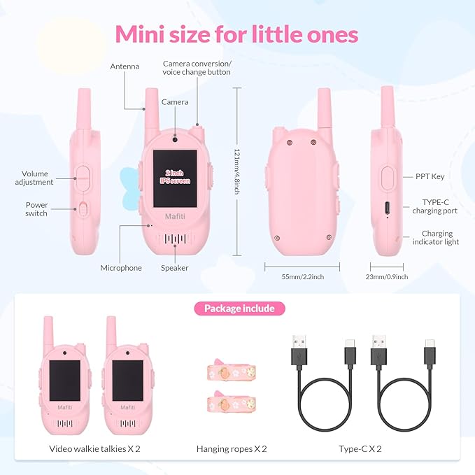 Video Walkie Talkies for Kids,Handheld Rechargeable Video Intercom Kids Walkies Talkies,for Family Games,Outside,Camping,Hiking for Children Aged 3+（Pink+Pink）