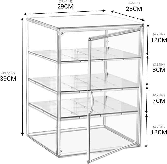 Clear Acrylic Display Case for Figures 4-Tier Collectibles Storage Box with 3 Dividers Stackable Display Stand for Action Figures, Handbag, Shoes,1 Pcs