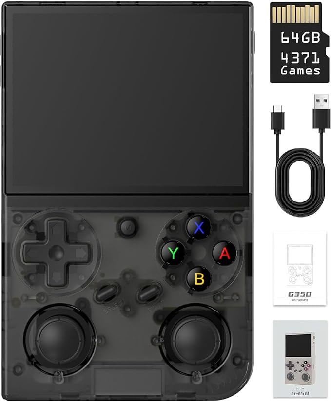 G350 Retro Handheld Game Console , Preload 4371 Games 3.5 Inch IPS Screen 3200 mAh Battery Linux System Portable Video Games Console Support Controller and Earphone (Transparent Black)