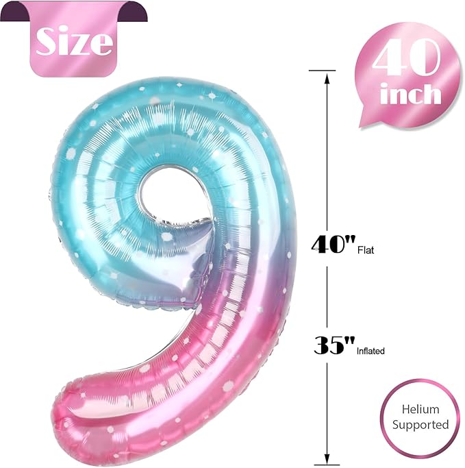 Starry Sky 9 Balloon, Number Balloons 40 Inch, 9th Giant Birthday Decorations for Girls, 19th 29th Party Decorations Supplies, Number 9 Balloon