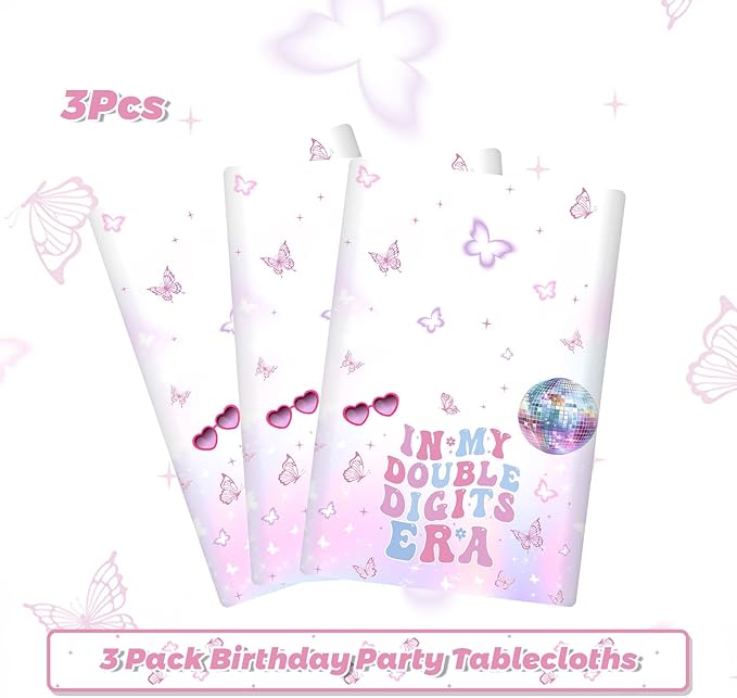 MEHOFOND 3 Pack 10th Birthday Tablecloth Decorations for Girls, in My Double Digits Birthday Plastic Disposable Table Cloth Purple Girl Music Disco Theme 10 Birthday Theme Table Cover Party Supplies