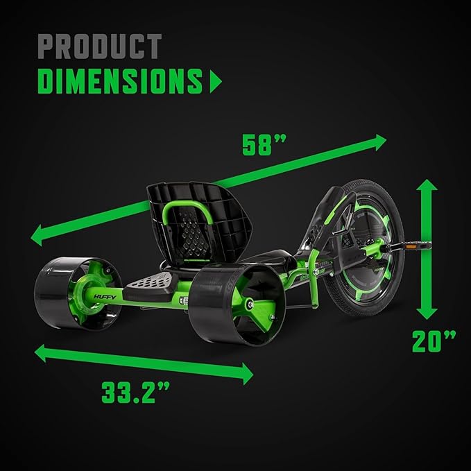 Huffy Green Machine 20 Inch Drift Trike, Sleek Ergonomic Design, Adjustable Seat, Durable Steel Frame, Easy to Operate, Drift Trike for Kids Ages 8+, LED Light Accents, Coaster Brake, Green and Black