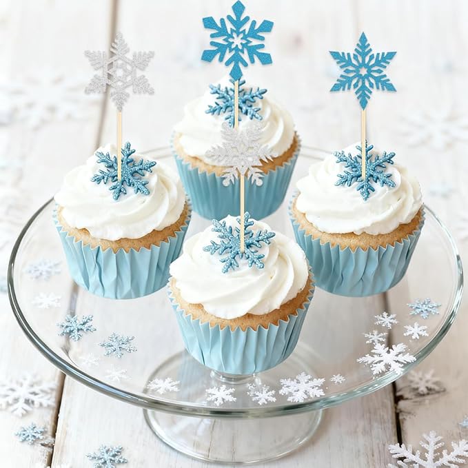 Snowflake Cupcake Toppers, 24PCS Glitter Winter Frozen Cupcake Picks Cake Decorations, Blue and Silver Snowflake Food Picks Topper for Christmas Winter Wonderland Baby Shower Party Decoration Supplies