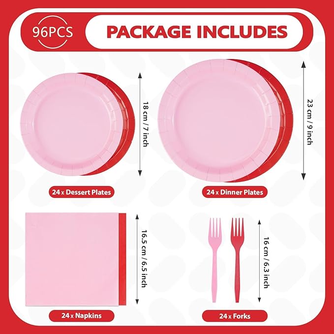 96Pcs Pink Red Birthday Party Decorations Red and Pink Plates and Napkins Disposable Solid Color Paper Tableware Set for Girls Women Birthday Mother's Day Bridal Shower Party Supplies Serves 24