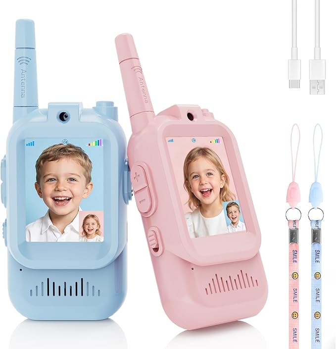 Video Walkie Talkies for Kids, 2 Pack Rechargeable Toddler Toys with HD Camera, Indoor Outdoor Toys for Family Games, Outside, Camping, Hiking for Boys Girls Ages 3-12 (Blue/Pink)