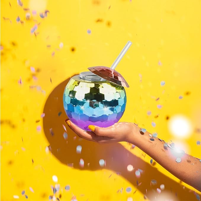 Disco Ball Cups, 20OZ Disco Party Cups with Lid and Reusable Straw Flash Ball Cocktail Cup for Party Nightclub Bar Supplies Wine Drinking Syrup Tea Bottle (12, Rainbow)