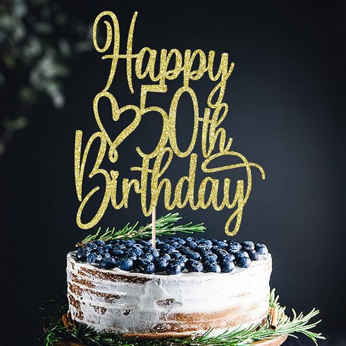 Gold Glitter Happy 50th Birthday Cake Topper - Cheers to 50 Years Cake Topper, 50 & Fabulous Cake Decoration for Hello 50th Birthday Anniversary Party Cake Decorations Supplies