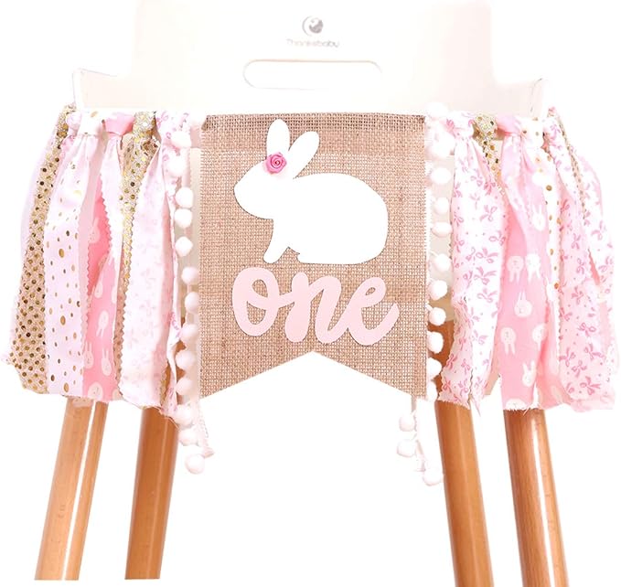 Pink Happy Birthday Banner - 1st Birthday High Chair Banner, Rabbit Themed Photo Props, Princess Party Decorations Supplies for Baby Girl