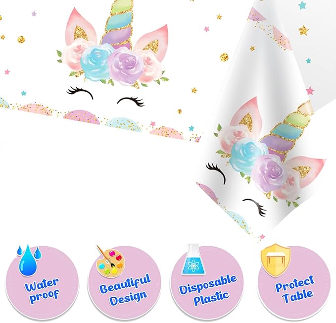 3PCS Unicorns Tablecloths for Birthday Decoration, Plastic Disposable Rectangle Table Covers for Kids Girls Baby Shower Party Supplies, 54" x 108"