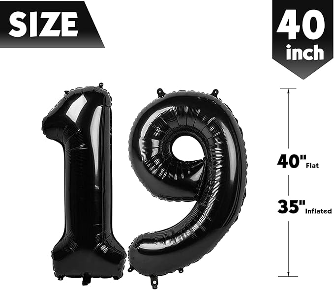 40 Inch Black Number 19 Balloon, Giant Number 19 Balloons for 19th Birthday Decorations, Party Supplies for Baby Boy Girl, Black Party Decor