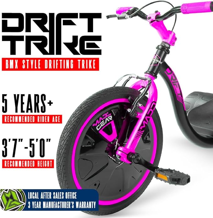 Drift Trike for Kids Ages 5+ – 16" Front Wheel Ride-On with Adjustable Seat, Steel Frame, Rear Slick Drift Wheels & Safety Flag – Madd Gear (Pink/Teal)