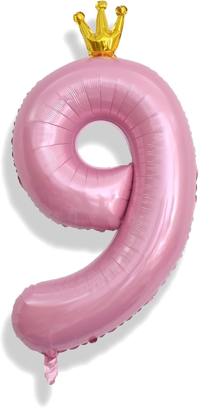 40 Inch Number 9 Balloons, Pink Crown Giant 9th Birthday Party Number Balloons 0-9 Set, Self Inflating Balloons for Girls Women 35th Birthday Party Decor Anniversary Party Decoration Supplies