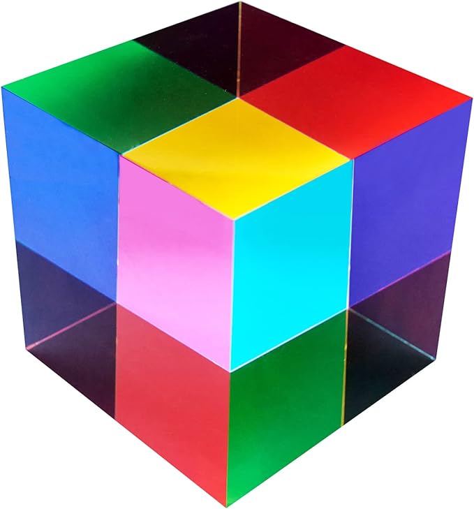 CMY Colorful Cube, 3.15 inch (80mm) Acrylic Mixing Color Cube Prism for Physics Education Learning and Office Desktop Decor, Scientific Toys and Gifts for Kids