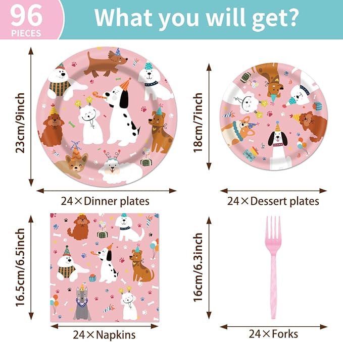 96 Pcs Dog Plates and Napkins Party Supplies, Dog Theme Party Decorations, Pink Puppy Tableware Set Decors Favors Disposable Dinnerware Serve 24 Guests