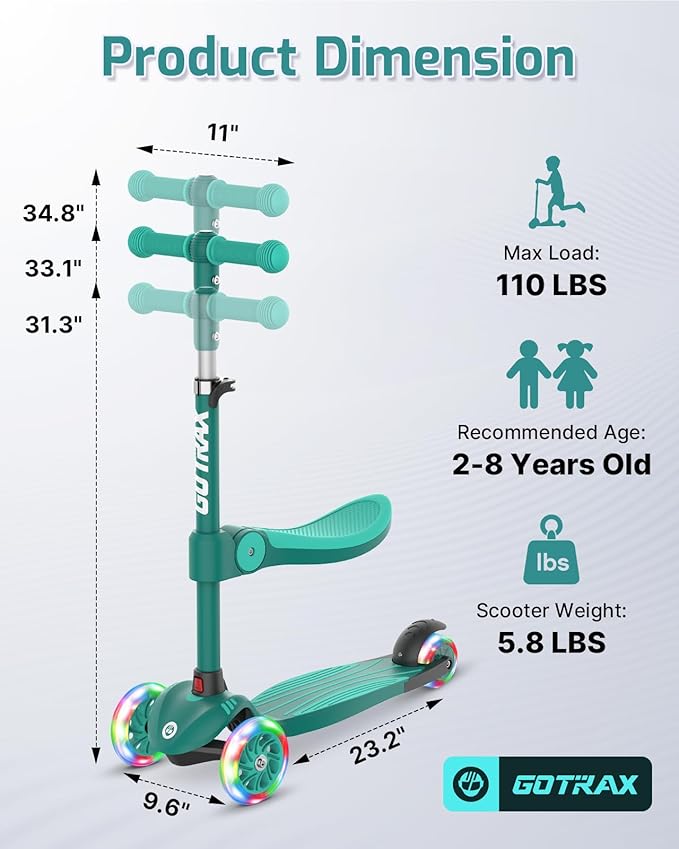 Gotrax KS3 Kids Kick Scooter, LED Lighted Wheels, Adjustable Height Handlebars and Removable Seat, Lean-to-Steer & Widen Anti-Slip Deck, 3 Wheel Scooter for Kids Ages 2-8 and up to 110 Lbs