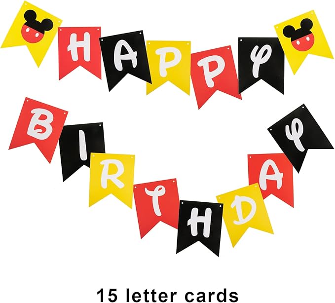 CHuangQi Colorful Happy Birthday Banner with Mickey Style Bunting, Mickey-themed Birthday Party Supplies