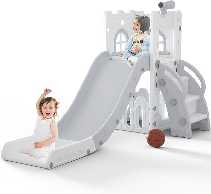 MOCUTEEN 6 in 1 Toddler Slide,Baby Playset for Indoor Outdoor Playground with Basketball Hoop,Storage and Telescope,Climbing Toys for Toddler Playground Playset
