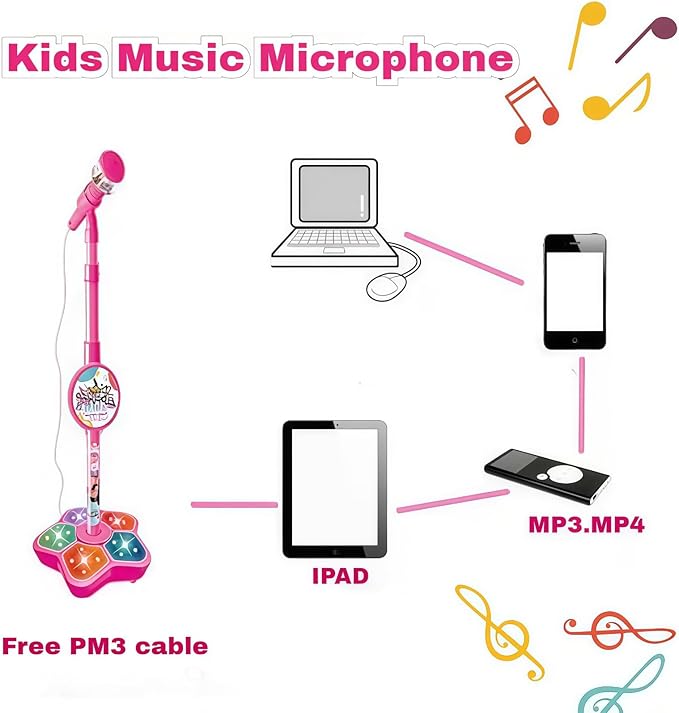 Microphone with Stand, Built-in Music, Colorful Lights, Echo Effects, Portable Karaoke Machine for Singing, Music Play, Fun and Easy-to-Use, Gifts for Musical Lover (1-Pink)