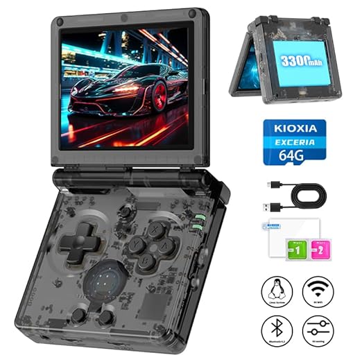 RG35XXSP Portable Flip Retro Handheld Game Console Linux System 3.5 '' IPS Screen Built-in 64G TF Card Pre-Installed 5532 Games RG35XX SP Clamshell Games Console Supports 5G WiFi Bluetooth HDMI Black