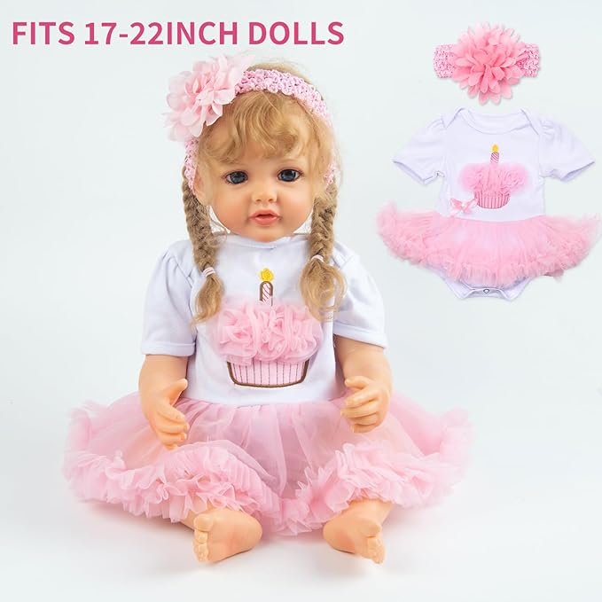 PEDOLLTREE Reborn Baby Dolls Clothes Girl Outfit Accessories Pink Tutu 7 Pcs Set for 17-22 Inch Reborn Doll Newborn Girl with Pink Dot Bassinet
