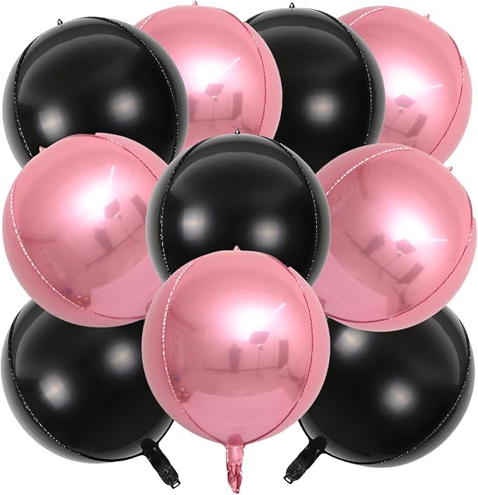 KALOR 22 Inch Black and Pink Foil Balloons, 10 Pcs Large 4D Giant Round Metallic Foil Balloon for Birthday Party Baby Shower Graduation Party Decorations