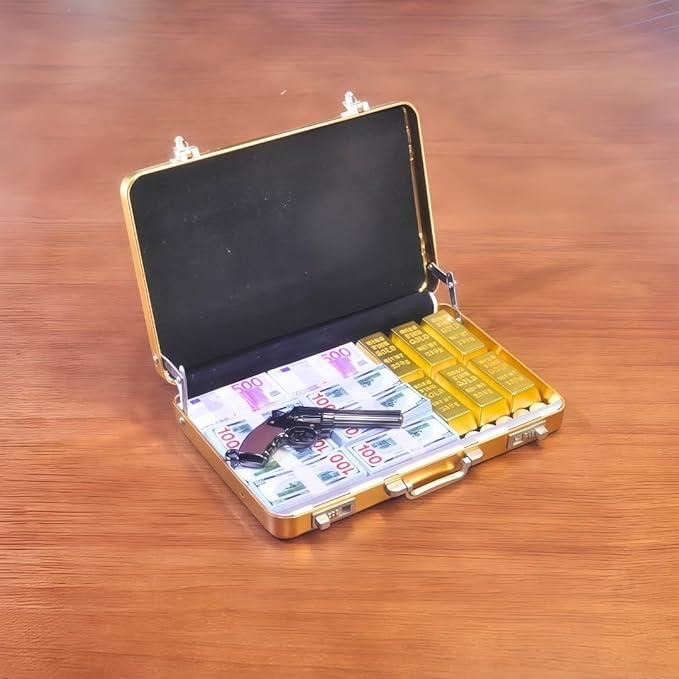 1:6 Scale Miniature Briefcase Set - Includes Fake Gold Bars, Bundles of $100 Mini Dollar Bills, Vintage Coins and Mini Weapons - Unique Adult NoveltyToy & Dollhouse Accessories (Golden)