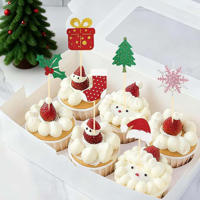 Christmas Cupcake Toppers Cake Decorations, 24 PCS Merry Christmas Cake Topper, Glitter Stockings Snowflake Xmas Tree Decorative Cupcakes Ficks Food Picks for Xmas Holiday Party Decoration Supplies