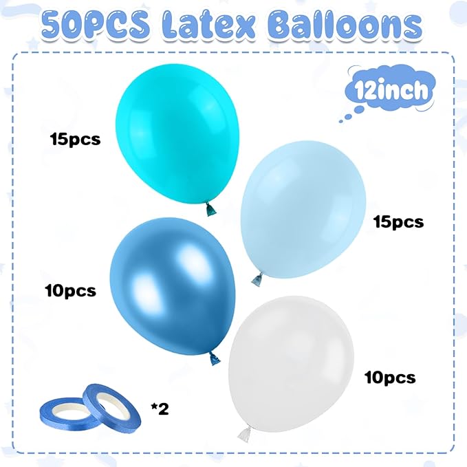 Teal Blue Balloons, 50PCS 12 Inches Turquoise Blue Pearl Latex Balloons With Metallic Confetti Balloon for Ocean Shark Sea Birthday Theme Party Decorations