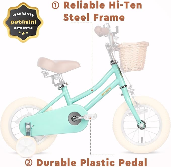 Petimini Vintage Kids Bike for Girls, 12–20 Inch Classic Bicycle with Wicker Basket & Bell, High Tensile Steel Frame, Training Wheels (12–18”), 85% Pre-Assembled, Retro Bike for Outdoor Riding