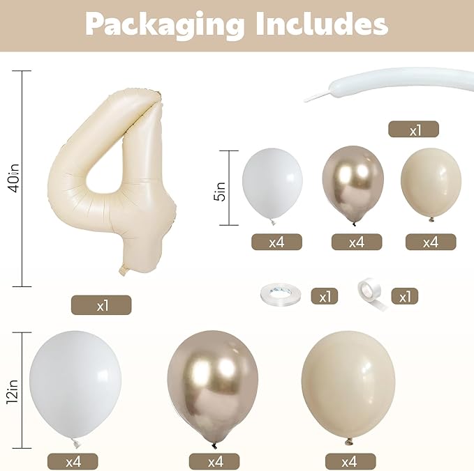 40 Inch Cream Number 4 Balloon for 4th Birthday Decoration Beige White Sand Number Four Foil Balloon Tower Giant Large Nude Neutral Digit Helium Balloons Stack for Girls Boys Anniversary Party