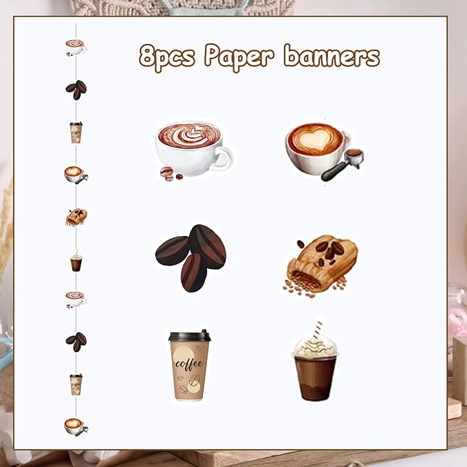 8Pcs Coffee Theme Streamers, Coffee Bean Cup Paper Garland for Birthday Baby Bridal Shower Bachelorette Latte Party, Cafe Shop Bar Hanging Decorations Supplies