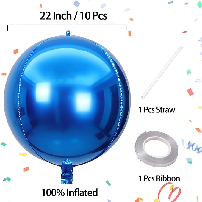KALOR 22 Inch Blue Mylar Balloons, 10Pcs Big Metallic Balloons,Large 4D Giant Round Foil Balloon for Birthday Party Baby Shower Gender Reveal Decoration and Supplies