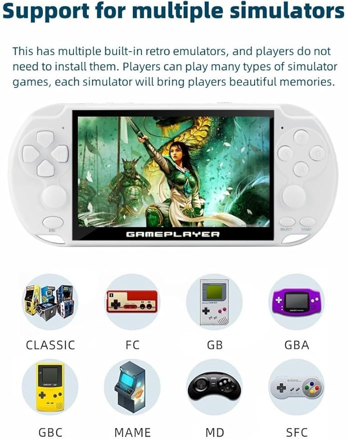 JXD Multifunctional Video Game Console 5.1 inch 7500 Free Retro Games Handheld Game Console Portable Pocket Children's Game Player Mini Arcade Emulator Device mp3/4 Holiday(White)