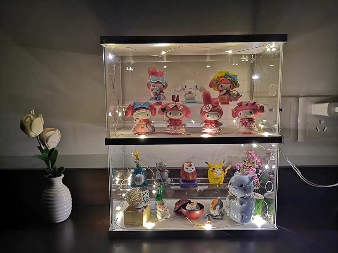2 Tier Clear Acrylic Display Case Stand for Funko pop, 2 Layer Storage Cabinet Shelf Showcase Dustproof for Mini Toys Figures Stone Collectibles Assemble Organizer, White 9.8x4.5x5.9inch