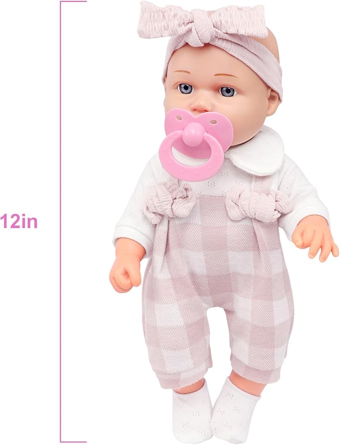Ecore Fun 12" Baby Doll and Clothes Accessories Playset - 6 Pcs 12 Inch Doll with Pink Romper Outfit, Headband, Socks, Pacifier, Bottle | Gift Ready in Box