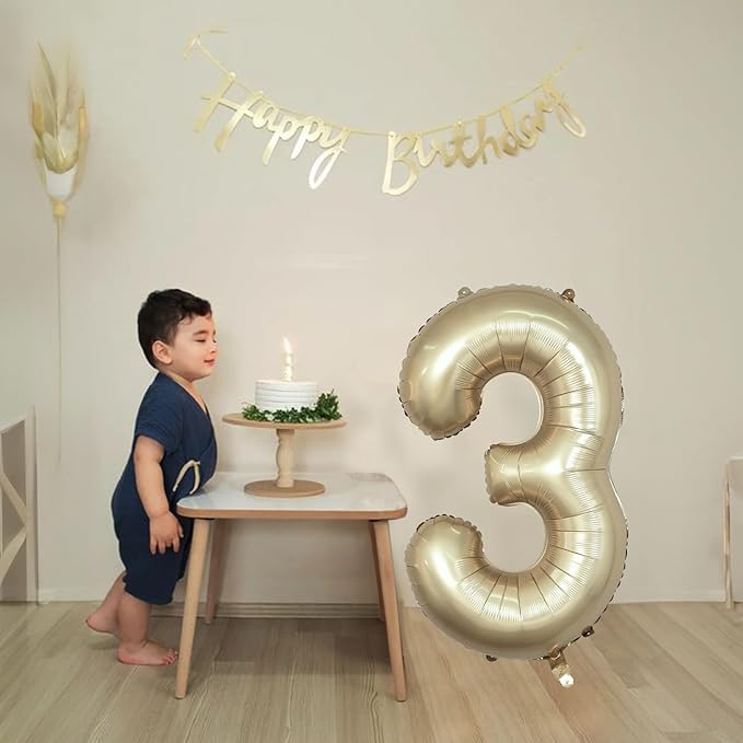 Large Light Gold 3 Balloons, 40 Inch Metallic Champagne Gold Helium Mylar Foil Globos Numero for Boys Girls, Self Inflating 3rd Birthday Balloon for Women Men Anniversary Party Decorations Supplies