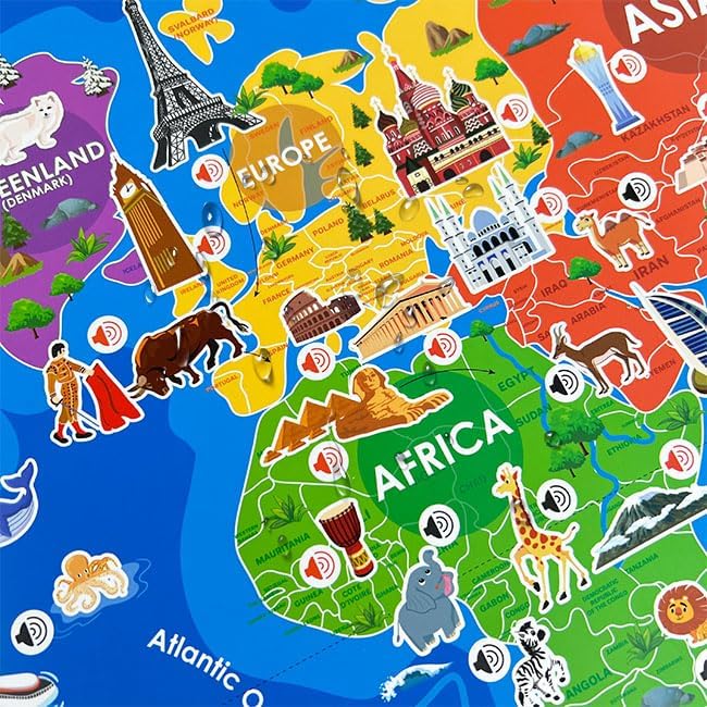 Educational Talking Wall Chart English World Map for Kids Interactive Music Poster with Words Animals Landmarks Montessori Learning Toy Gifts for Toddlers Preschoolers 2-4