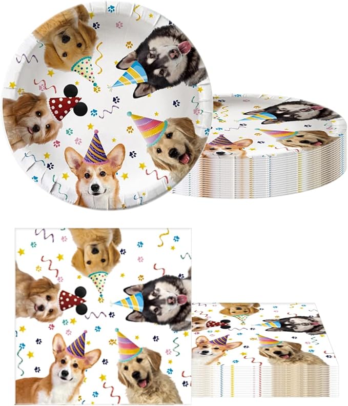 Dog Party Tableware Set,20 Plates and 20 Napkins and Tablecloth71 '' x 42 '',Dog Birthday Theme Party Decorate Supplies