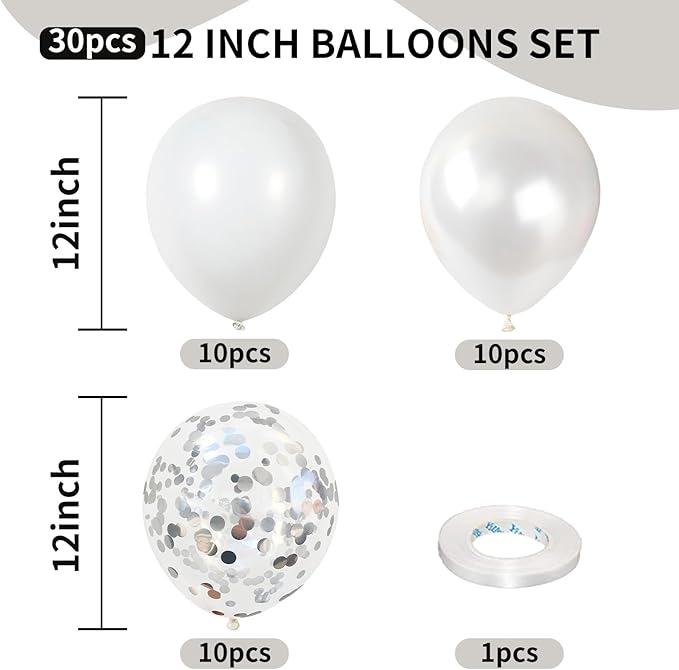 White Balloons, 12 Inch Pearl Pure White Ivory Latex Balloon with Silver Confetti Balloons for Boho Birthday Baby Shower Wedding Bachelorette Retirement Valentine’s Day Party Decorations