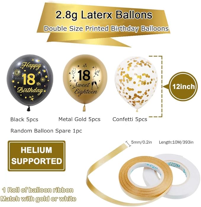 Black Gold 18th Birthday Balloons Pack of 15 Boys Girls Happy 18th Birthday Party Deocorations Supplies Boys Girls Sweet 18th Birthday Ballloons Latex Confetti Balloons 12inch & Ribbon
